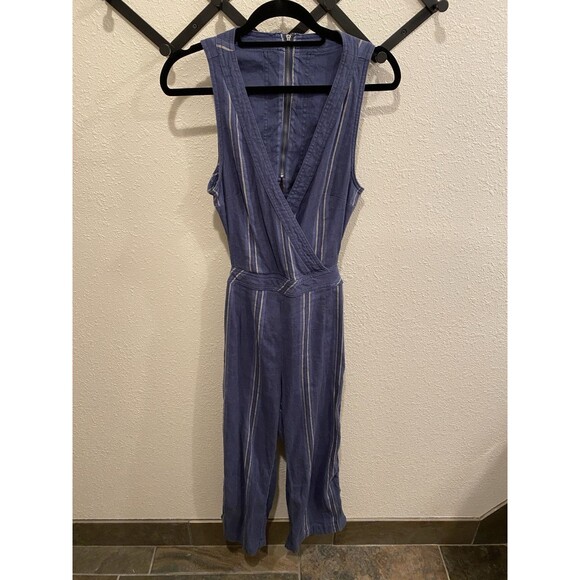 Free People Jumpsuit Jumper Womens 6 Linen Blue Striped Open Back Moonlight Mile - Picture 3 of 11